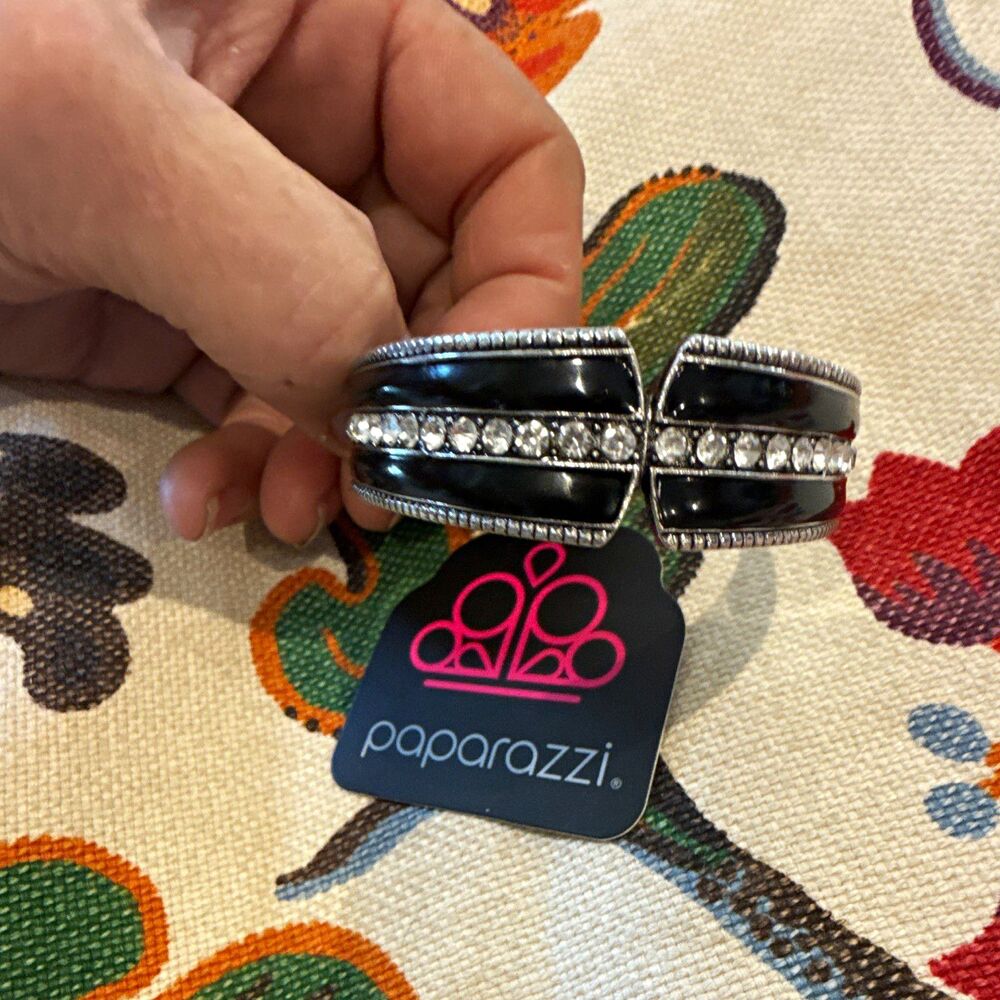 Paparazzi "Exquisitely Empirical" Black Enamel & Rhinestone Hinge Cuff Bracelet